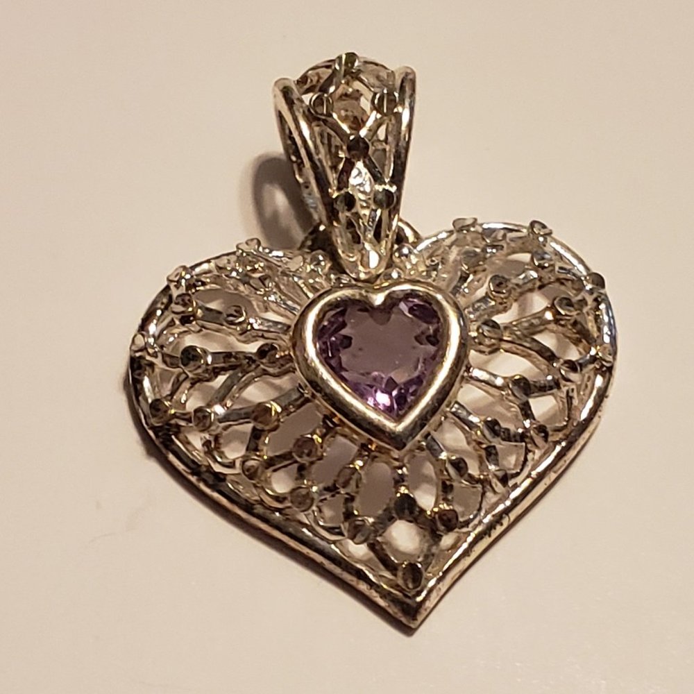 Genuine Amethyst Sterling Silver Filigree Heart Pendant